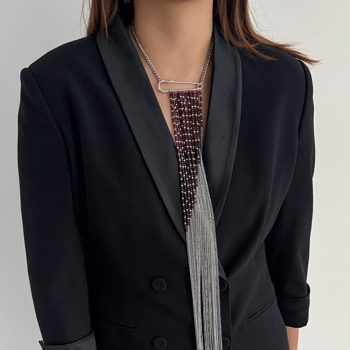 Tie-Shaped Bead Fringe Necklace & Pin