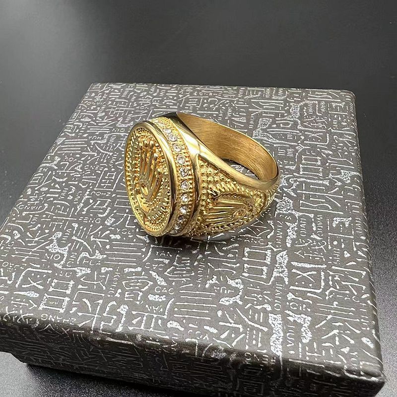 Planderful Mens Titanium Steel Ring Crown With Golden Rhinestones Hip Hop Style Size 7 13