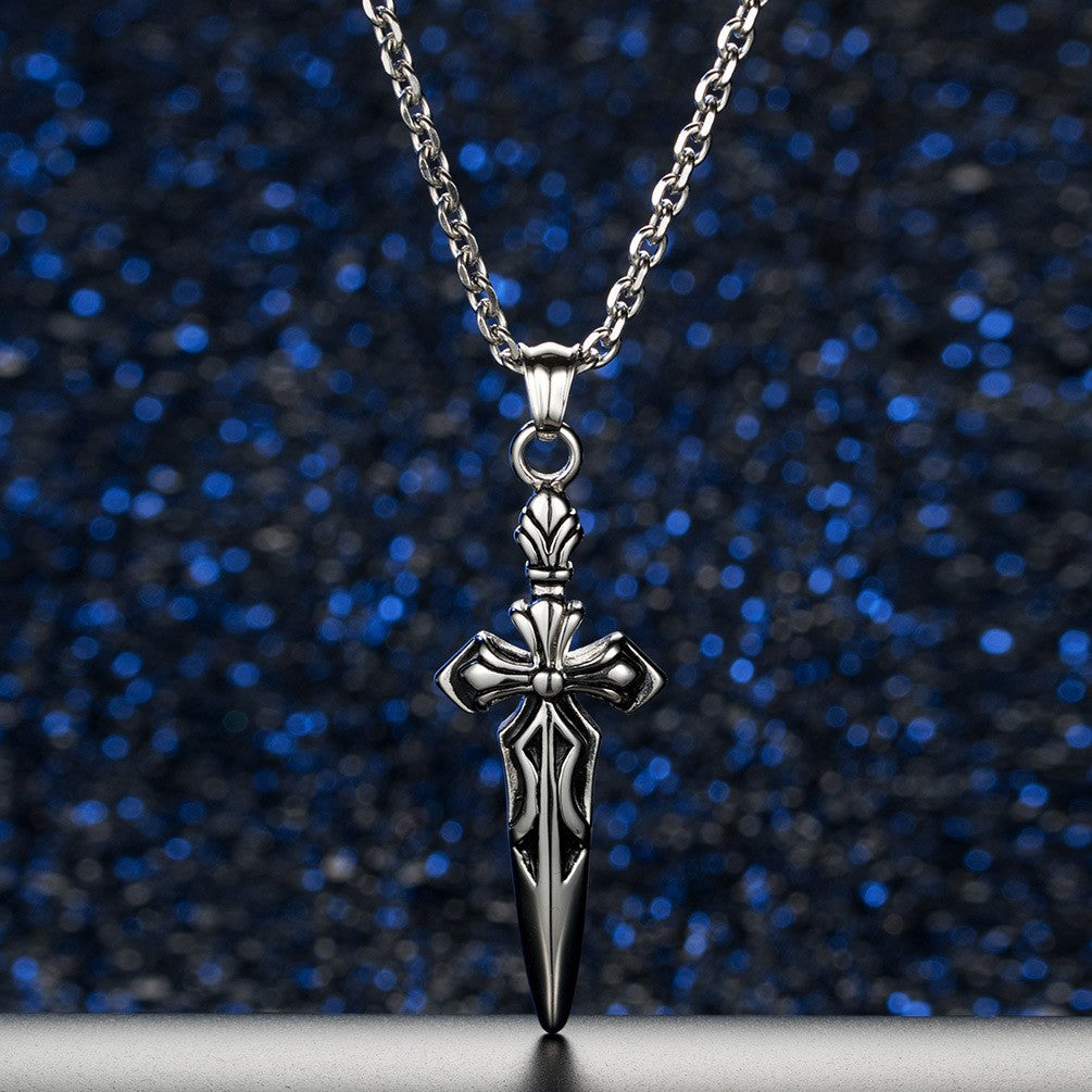 Planderful Personalized Retro Epee Cross Pendant Necklace For Men Steel Bold Gift Ready