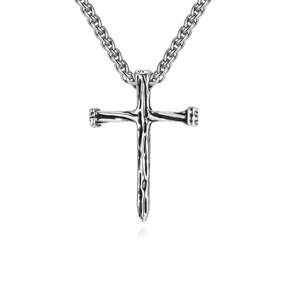Planderful Titanium Steel Cross Necklace For Men With Wood Grain Imitation Retro Durable Stainless Pendant