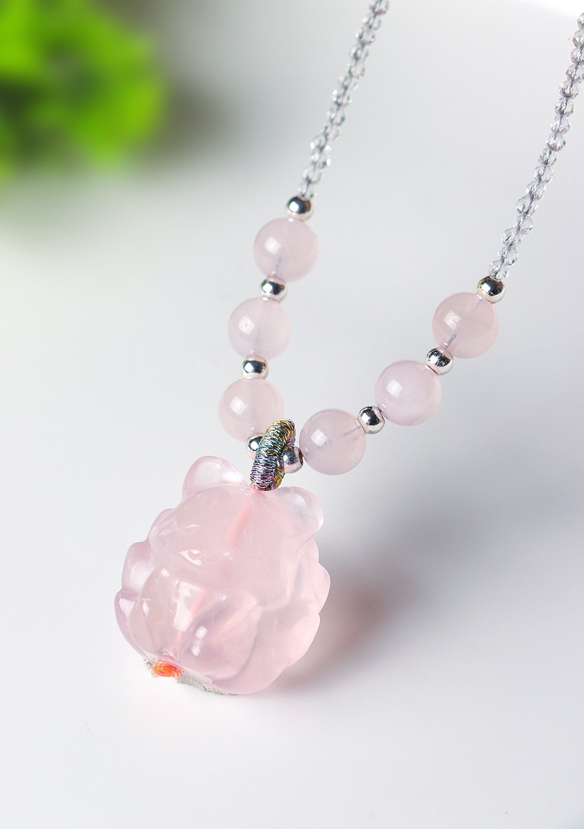 Rose Quartz Crystal Nine-Tailed Fox Pendant Necklace