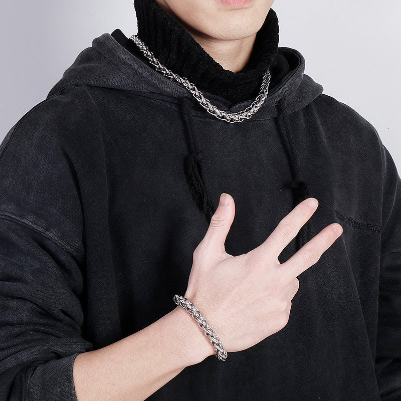 Stylish Hip-Hop Stainless Steel Jewelry Set for Men: Keel Necklace & Personalized O-Word Bracelet