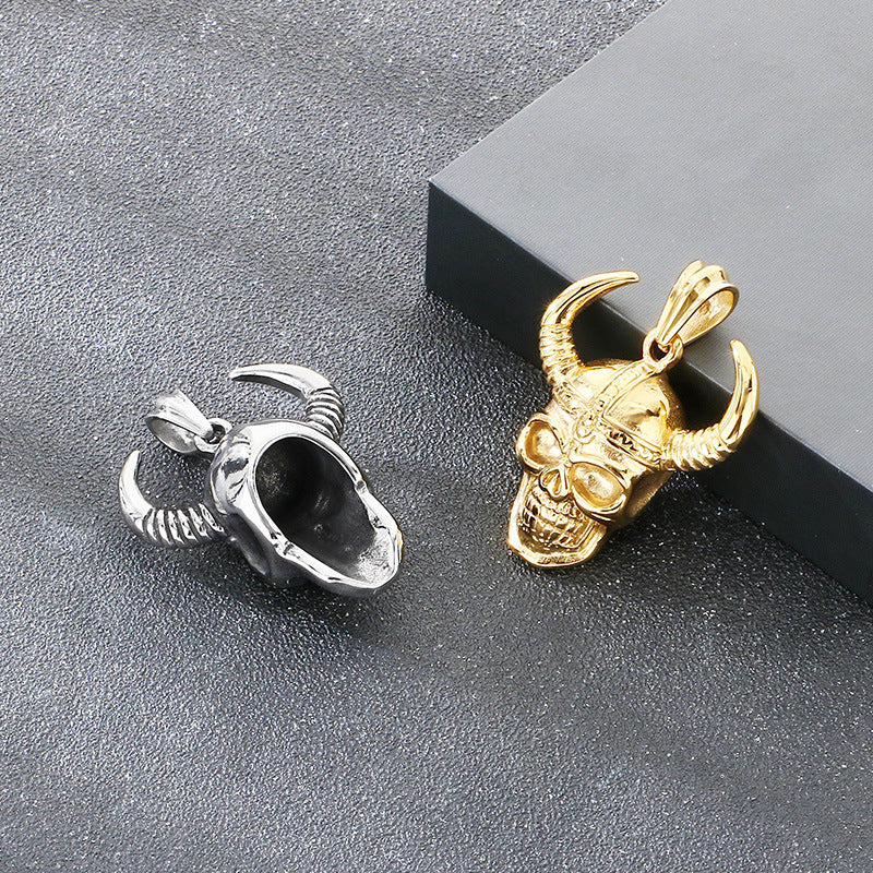 Enjoy The Punk Style Bull Head Pendant, Nordic Viking War Helmet Horn Skull Necklace