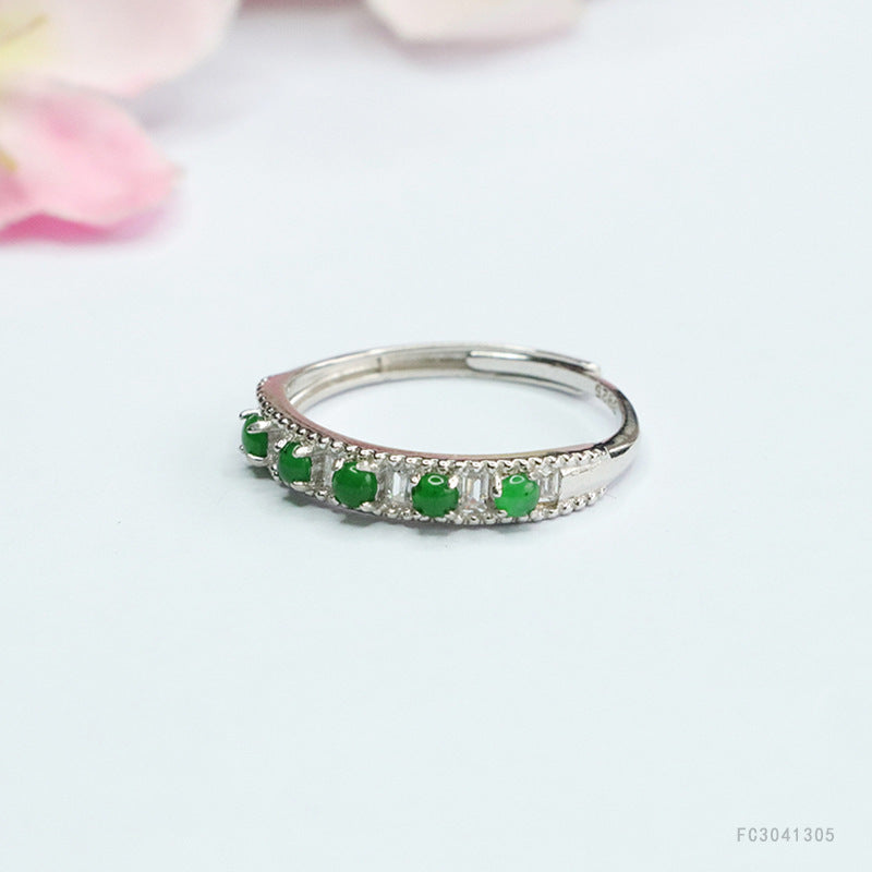 Icy Green Jadeite Row-Set 925 Silver Ring