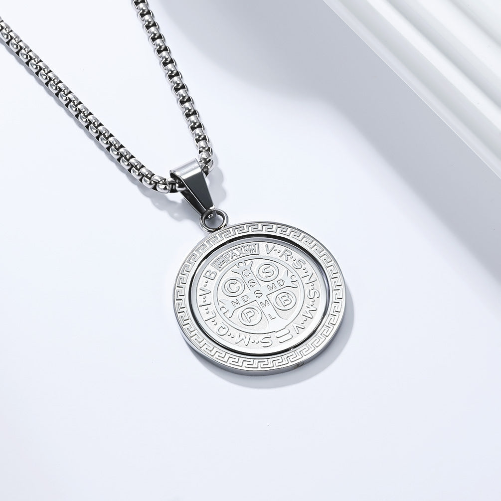 Planderful Saint Benedict Necklace For Men Rotatable Double Sided Stainless Steel Pendant Chain