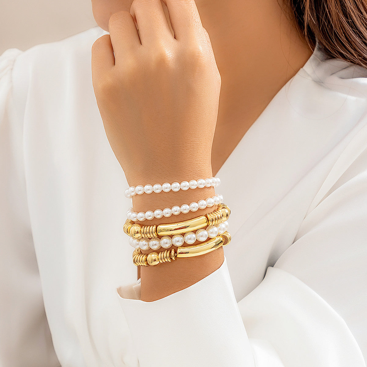 Exaggerated Cyberwind Multi-layer Beaded Bracelet with Imitation Pearl Accents