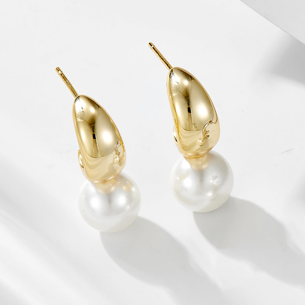 C Shaped Round Pearl Sterling Silver Drop Earrings