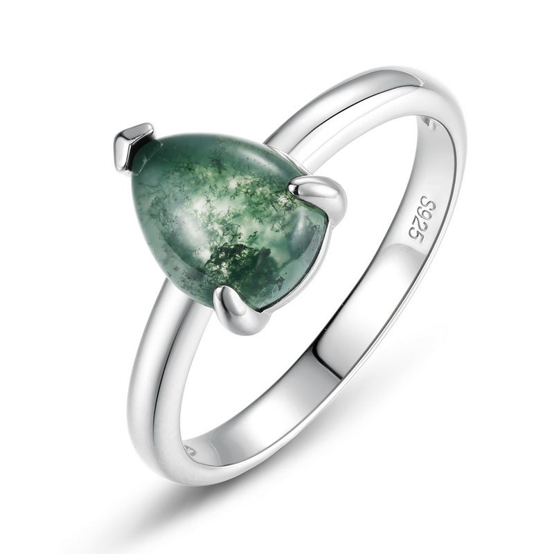 Planderful Jewelry Sterling Silver Agate Ring Pear Shape Green Moss Stone Geometric Design Everyday