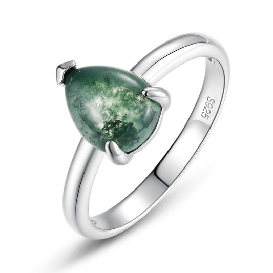 Planderful Jewelry Sterling Silver Agate Ring Pear Shape Green Moss Stone Geometric Design Everyday