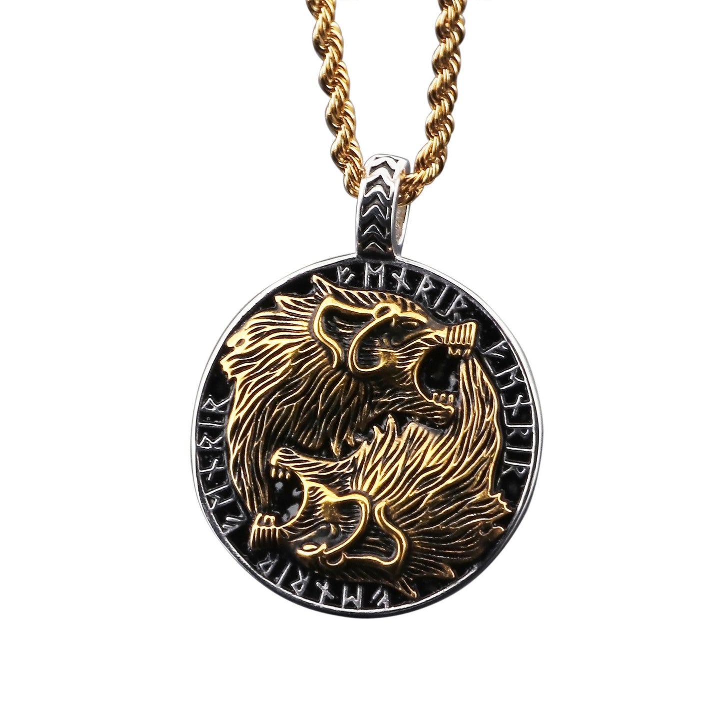 Retro Viking Wolf Head Pendant Necklace for Men in Stainless Steel and Titanium Gold