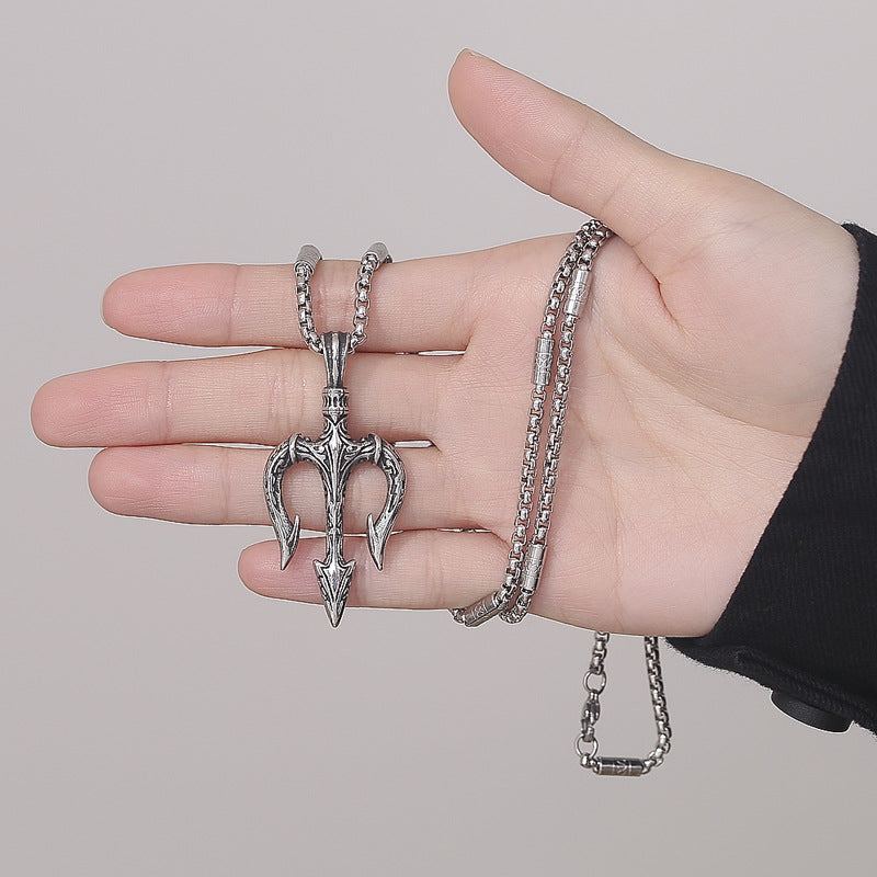 Steel Necklace - Vintage Statement Trident Pendant For Men Everyday Wear Hip Hop Style Planderful