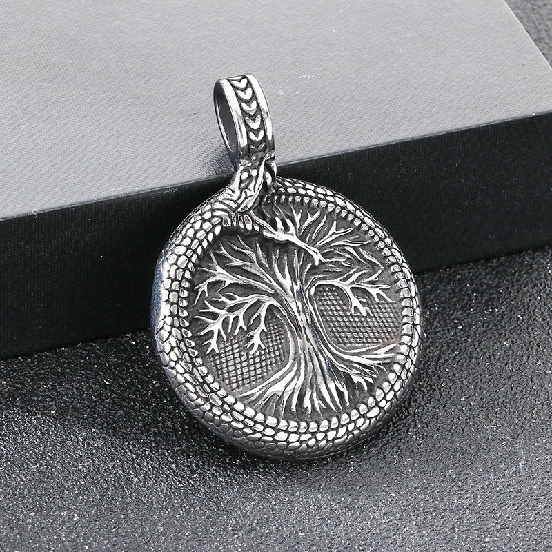 Nordic Viking Mythology Ouroboros Tree Of Life Pendant, Retro Round Stainless Steel Men's Necklace