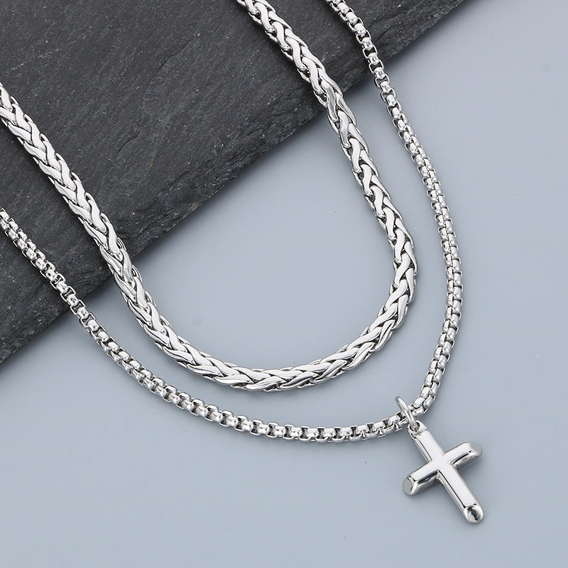 Hip-Hop Trendy Men Stacked Cross Pendant Double-Layer Square Pearl Flower Basket Chain Titanium Necklace
