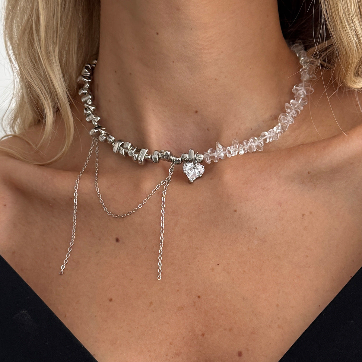 Heart-Shaped Zircon Pendant Pearl Necklace Crystal Beaded Fringed Collarbone Chain