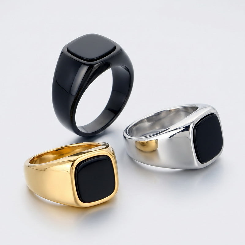 Cold Smooth Stainless Steel Ring, Square Black Stone Titanium Steel Men's