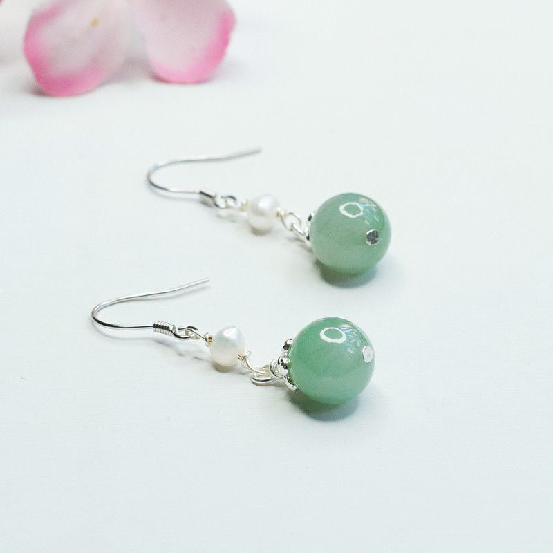 925 Sterling Silver Jadeite & Pearl Hook Earrings