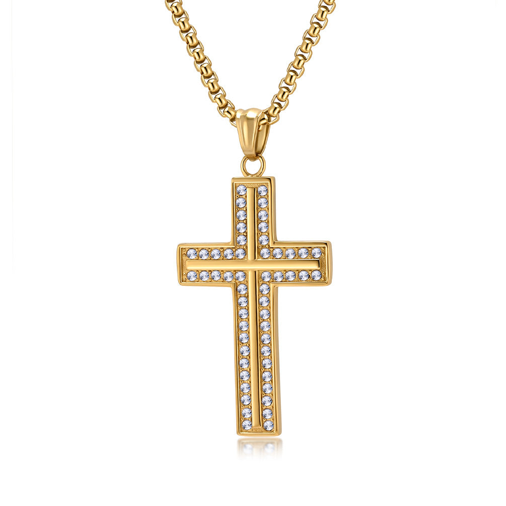 Planderful Titanium Steel Gold Plated Zircon Cross Necklace Non Fading For Hip Hop Style Unisex Jewelry