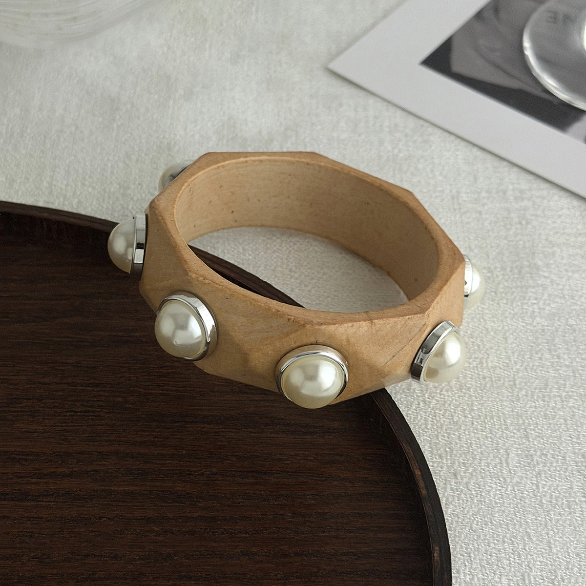 Planderful Vienna Verve Handcrafted Wooden Bracelet With Imitation Pearl Inlay Statement For Women