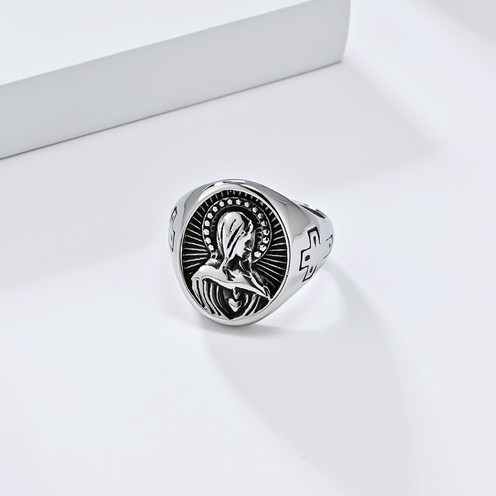 Steel Ring – Vintage Virgin Mary Cross Design