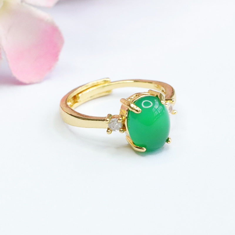 Ethnic Style Adjustable Natural Green Chalcedony and Pigeon Blood Red Agate Sterling Silver Ring