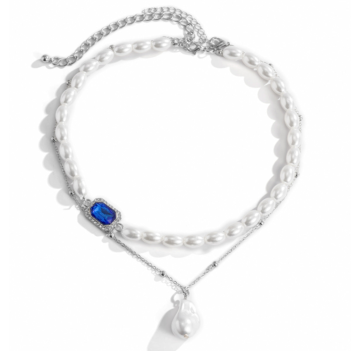 Planderful Imitation Pearl Necklace Blue Zircon European Court Style Asymmetric Design Statement Jewelry For Women