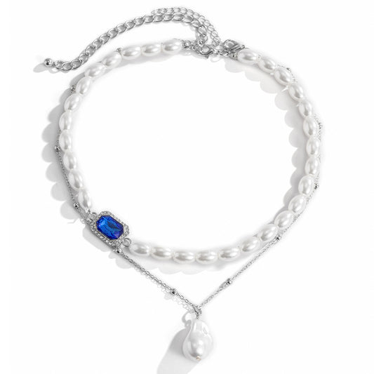 Planderful Imitation Pearl Necklace Blue Zircon European Court Style Asymmetric Design Statement Jewelry For Women