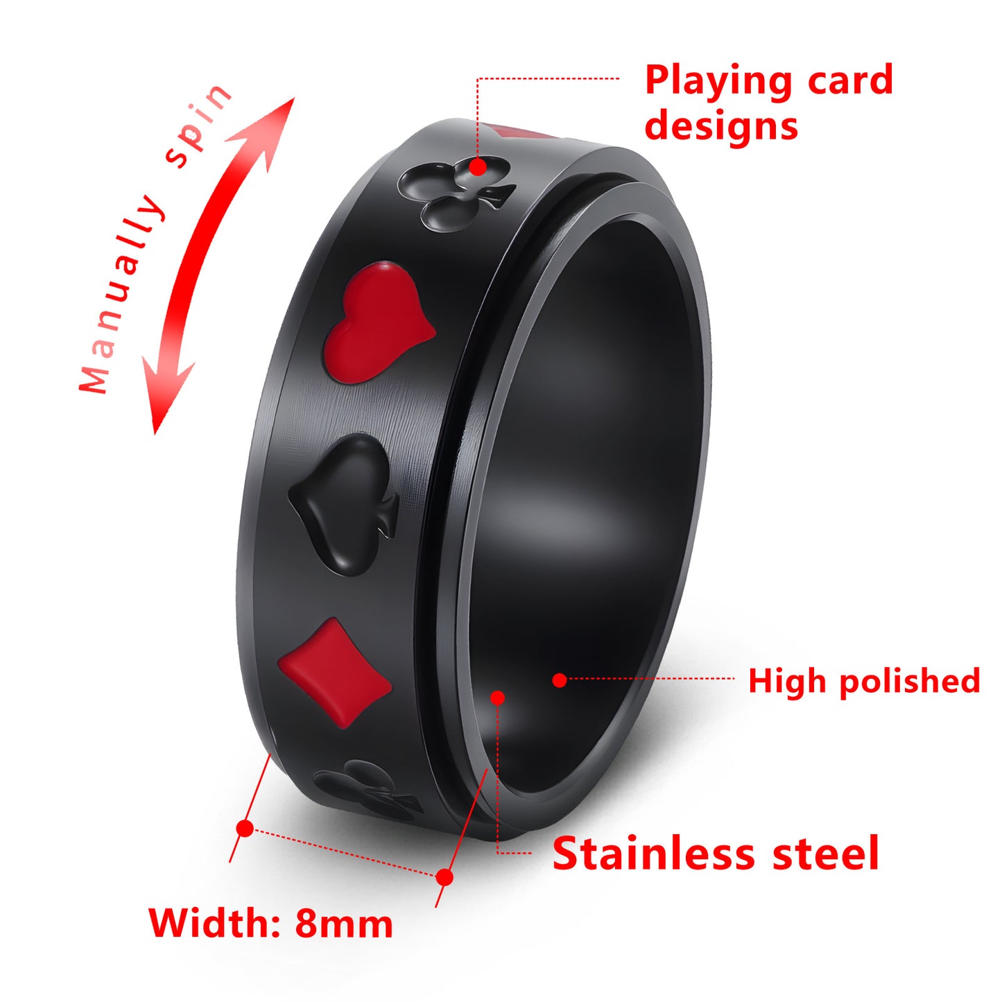 Planderful Card Suit Ring Rotatable Titanium Steel Unisex Jewelry Everyday Genie Collection Size 7 To 13