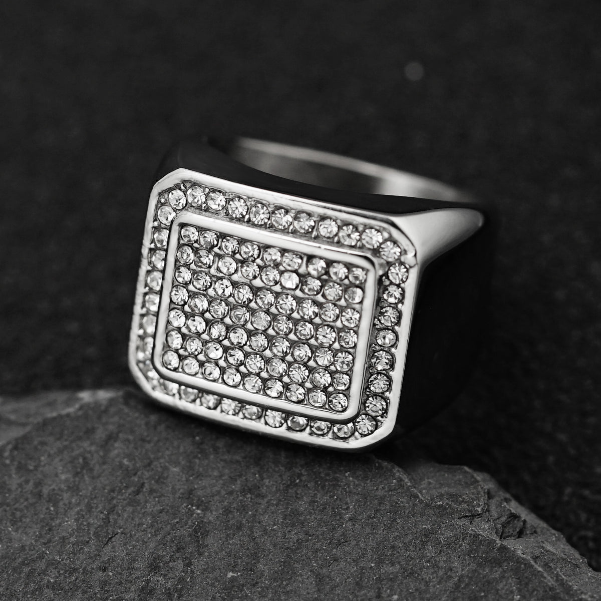 Planderful Stainless Steel Zircon Ring Unisex Square Bold Statement For Hip Hop Fashion Size 7 to 13