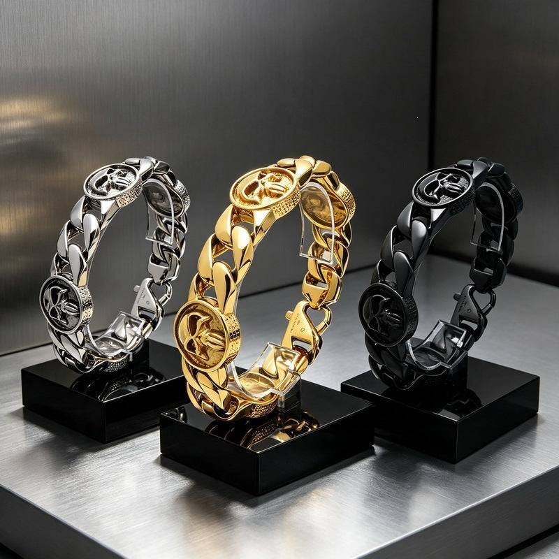 Dark Old 22mm Wide Cuban Chain Layered Skull Round Plate Stainless Steel Bracelet