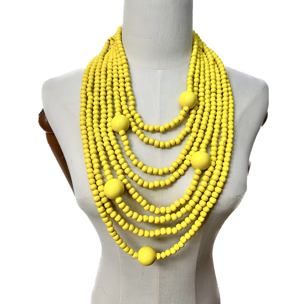 North American Inspired Multi-layer Wooden Bead Necklace with Exaggerated Cross-border Jewelry Elements