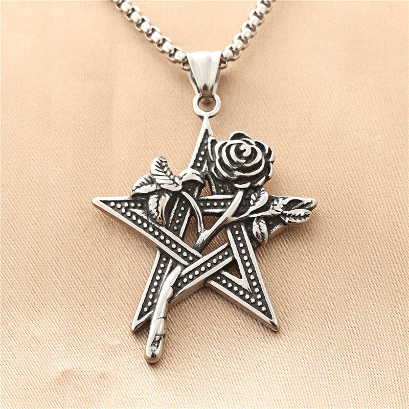 Customizable Titanium Steel Pentagram Rose Pendant Necklace for Men - Retro Punk Style