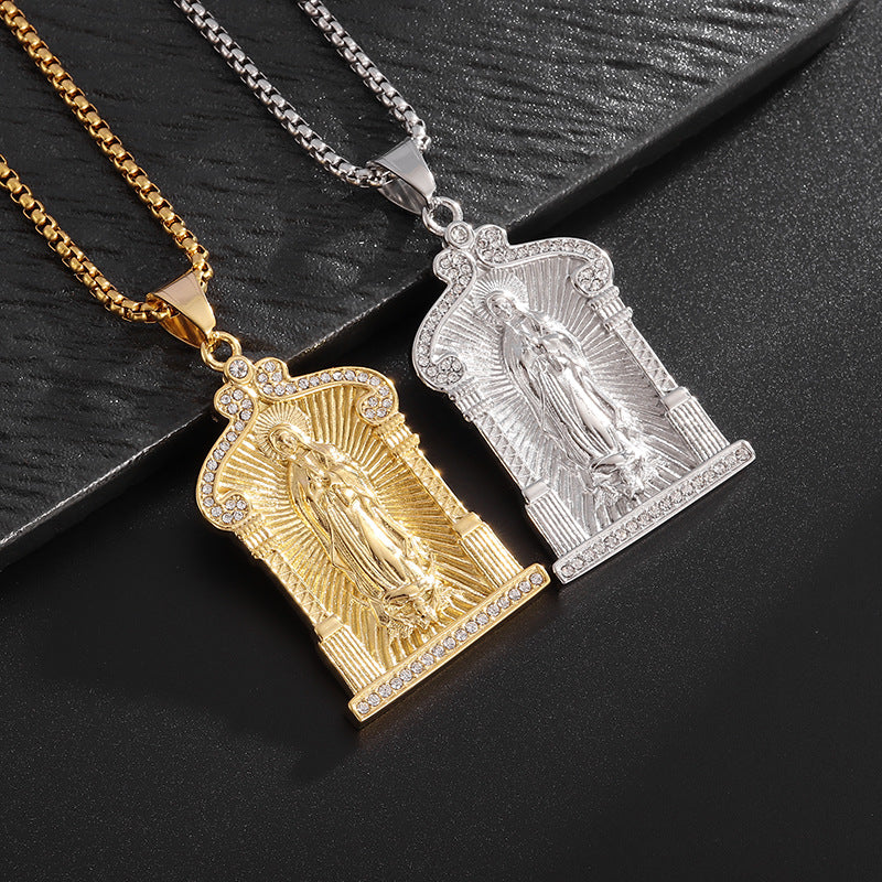 Planderful Maria Pendant Necklace For Men Titanium Steel Gold Plated 18K Rhinestone Hip Hop Style