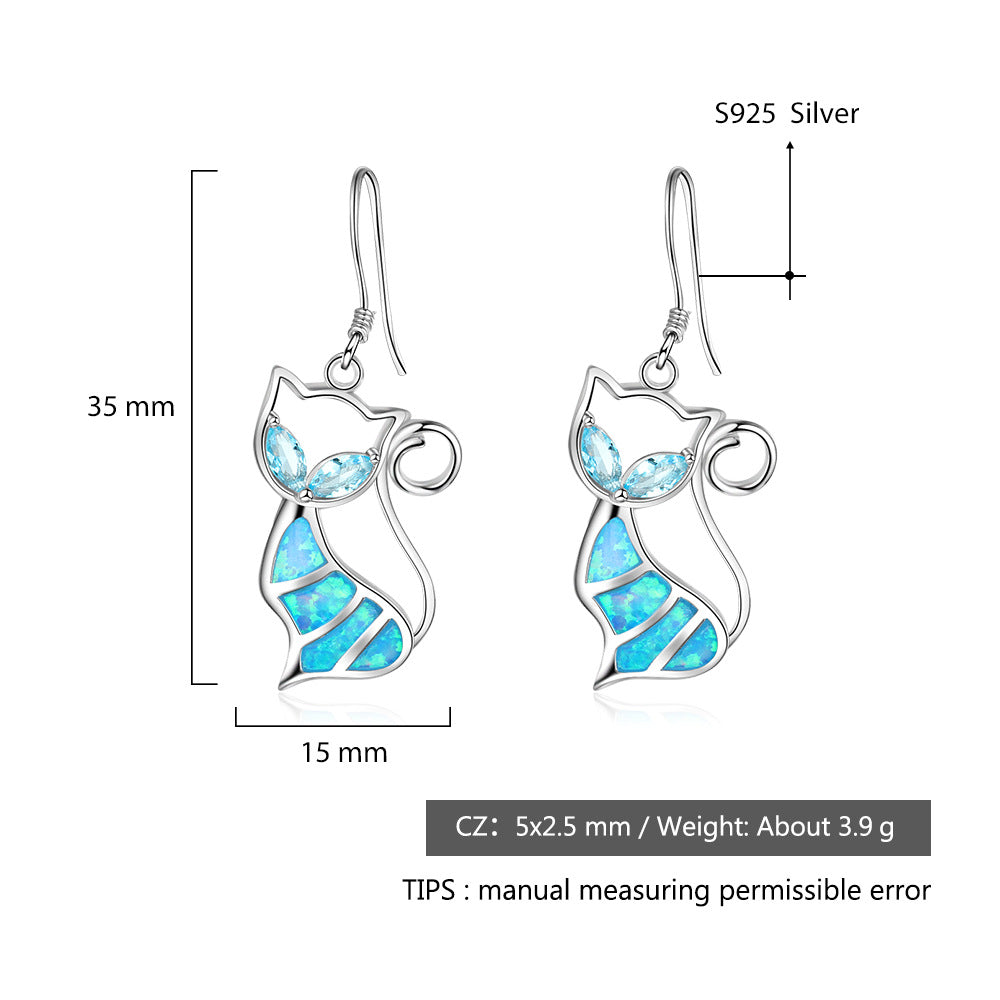 Planderful Jewelry Opal Cat Earrings In Sterling Silver With Light Blue Zircon Eyes