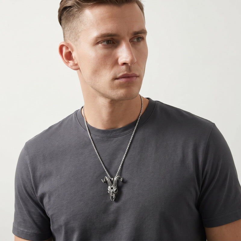 Dark Gothic Baffle Goat Head Pentagram Pendant Casting Three-Dimensional Demon Stainless Steel Men's Necklace