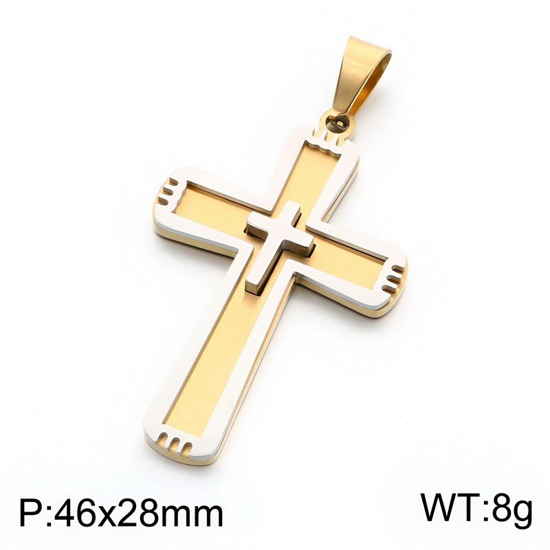 Functional Vacuum Electroplating Mixed Color Double Layer Embedded Small Cross Toothed Stainless Necklace