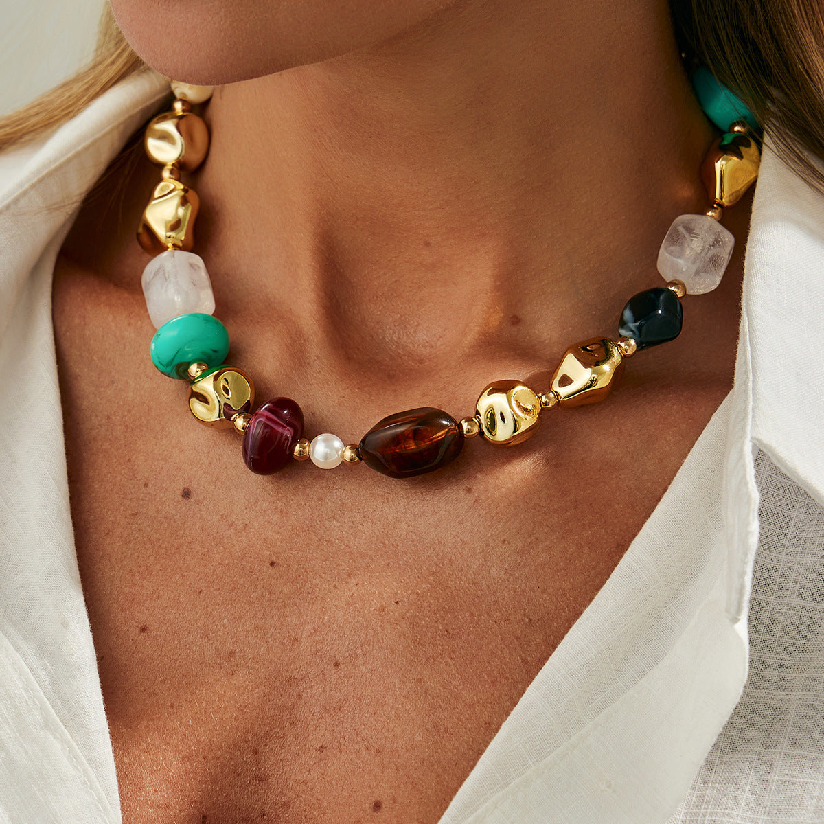 Ethnic Style Smudged Irregular Beaded Retro Maillard Collarbone Imitation Pearl Necklace