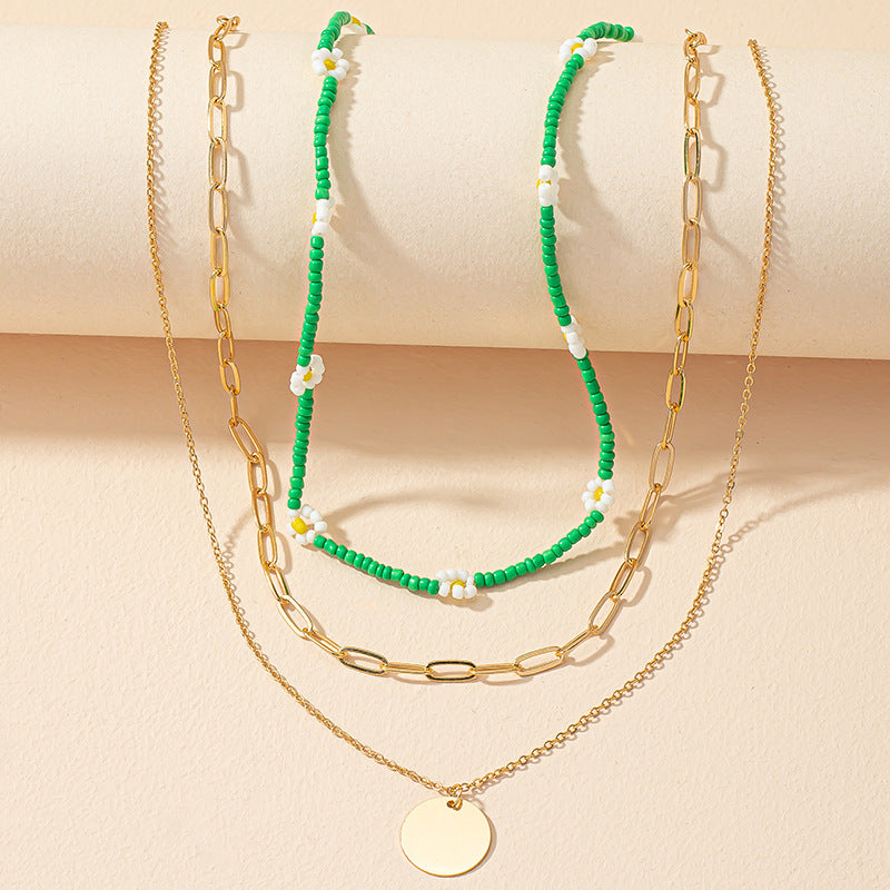Green Floral Beaded Clavicle Chain Necklace Set - Three-Layer Medal Necklace