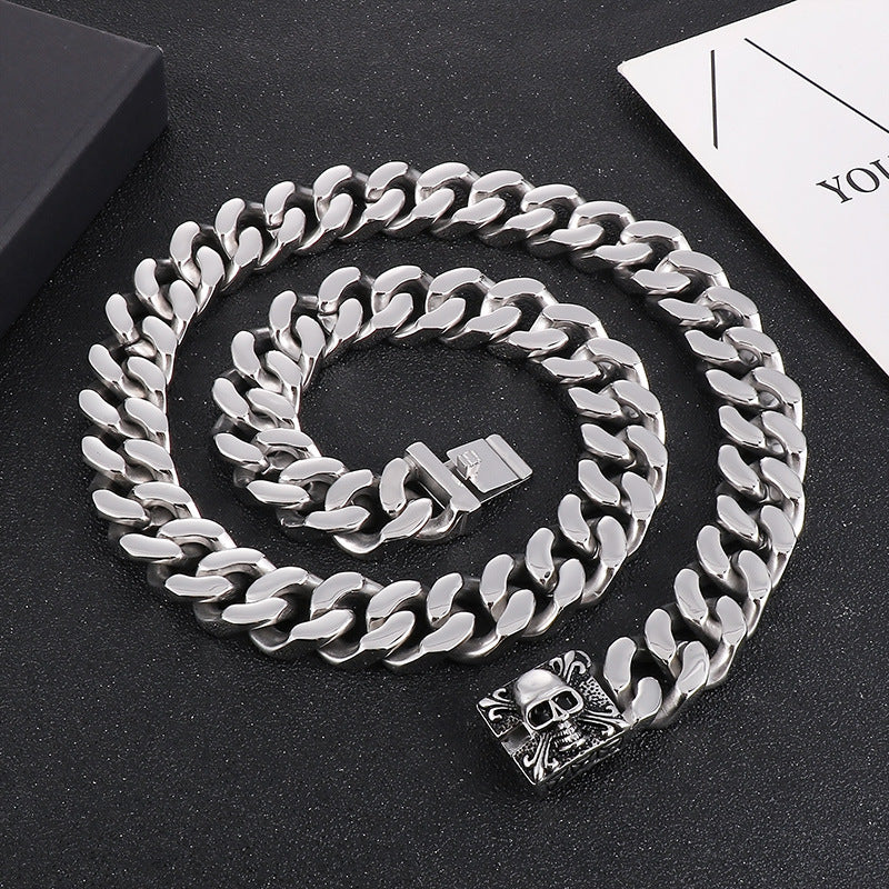 Bold Titanium Steel Skull Necklace - Retro Double-Sided Polished Cuban Chain for Men