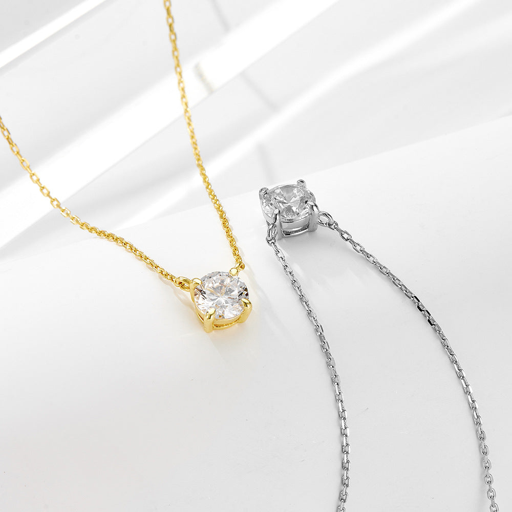 S925 Sterling Silver Round Zircon Pendant Necklace Single