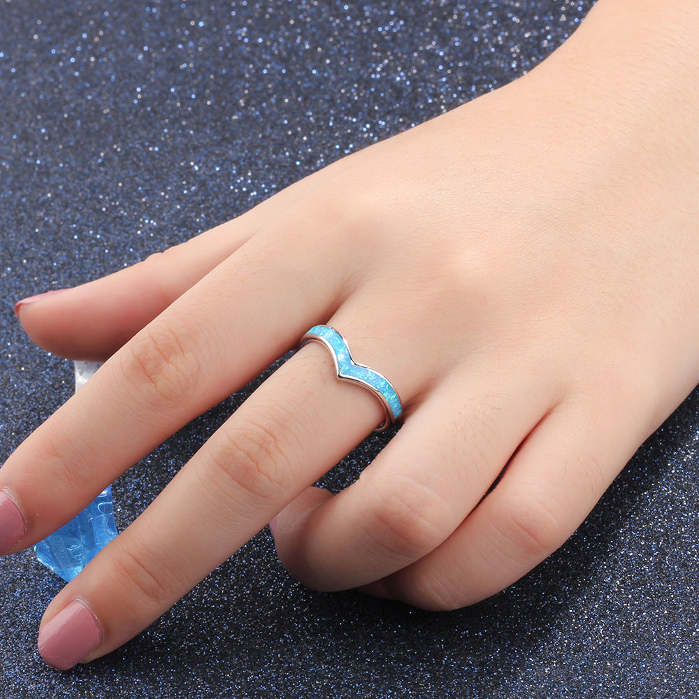 Planderful Jewelry Blue Opal Ring Sterling Silver V Shape Size 6 7 8 Elegant Everyday