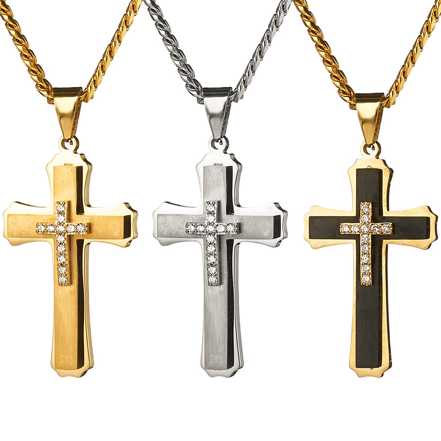 Planderful Titanium Steel Cross Pendant Necklace Three Layer Zircon Men Punk Style