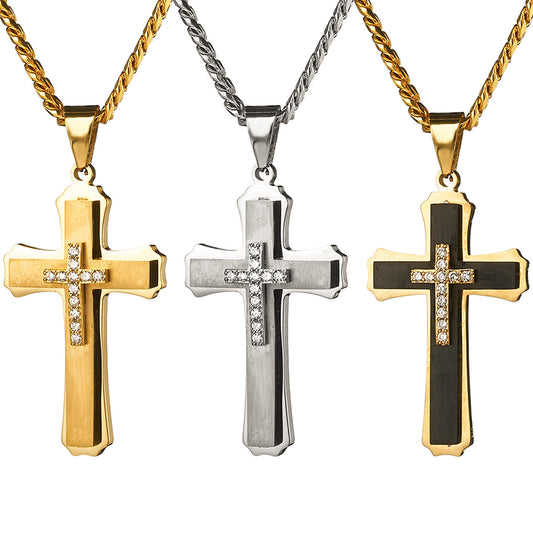 Planderful Titanium Steel Cross Pendant Necklace Three Layer Zircon Men Punk Style