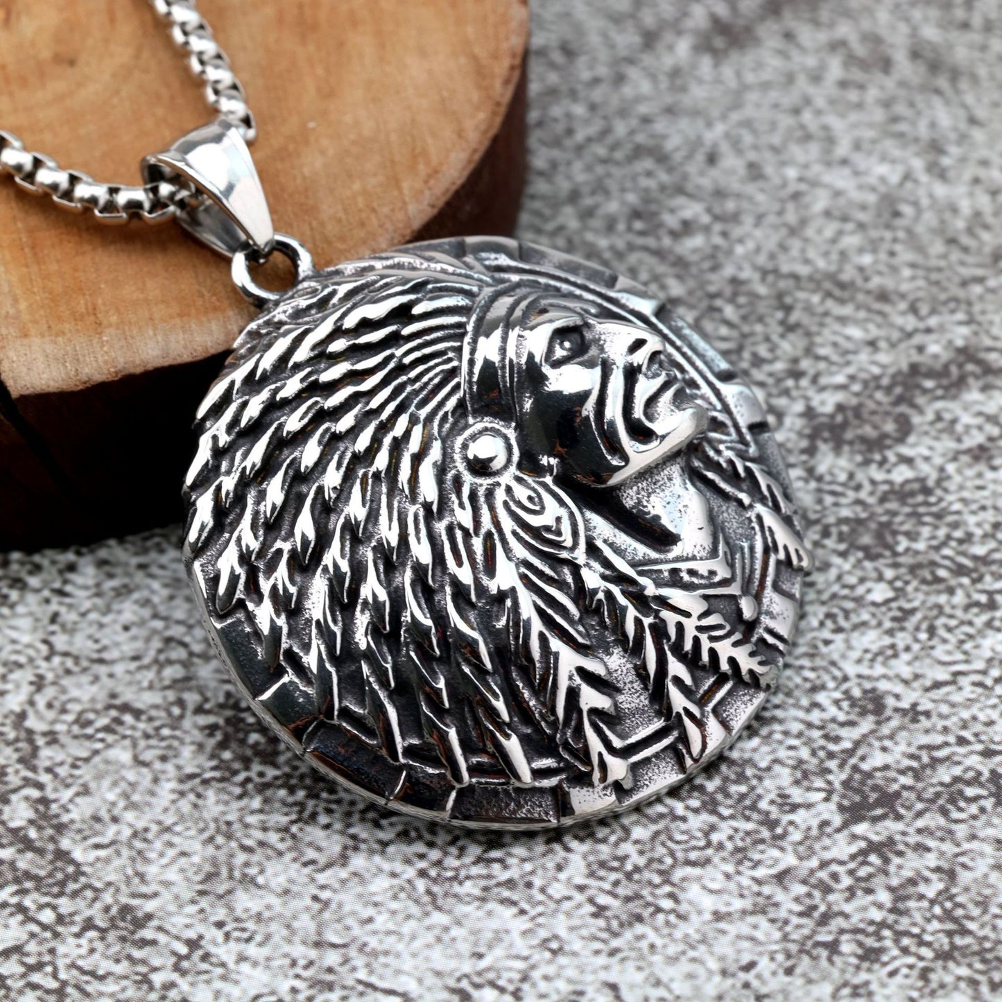 Planderful Retro Stainless Steel Mens Pendant Single Sided Indian Chief Design For Men Gift Idea