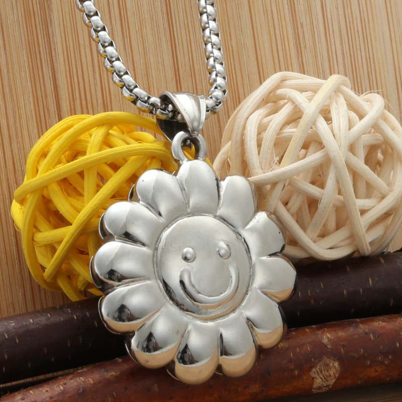 Trendy Punk Titanium Steel Sunflower Pendant Necklace for Men and Women