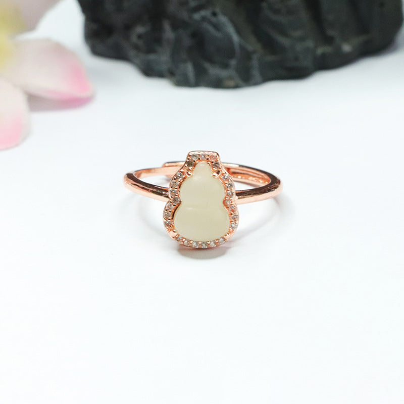 Gourd-shaped Natural Hotan Jade Sterling Silver Ring