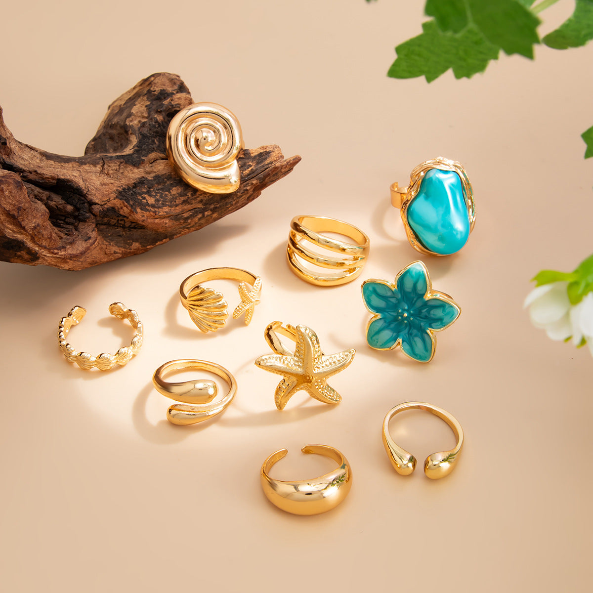 Planderful Ocean Starfish Shell Ring Vienna Verve Elegant Dripping Flower Design Hand Jewelry For Beach Lovers