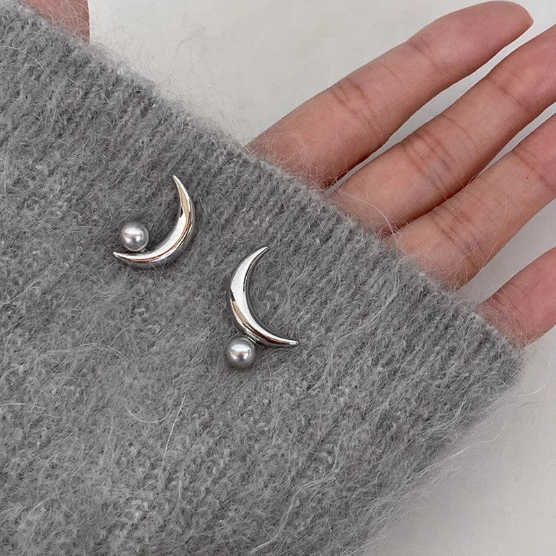 Minimalist Moon Pearl 925 Sterling Silver Women's Earrings