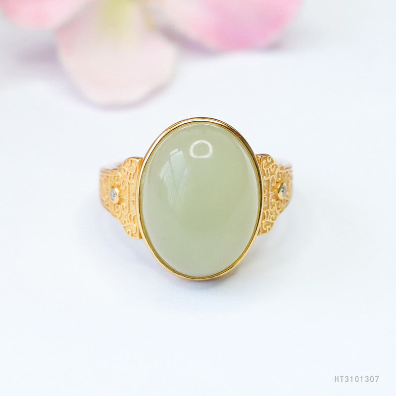 925 Sterling Silver Hetian Jade Greek-Key Ring