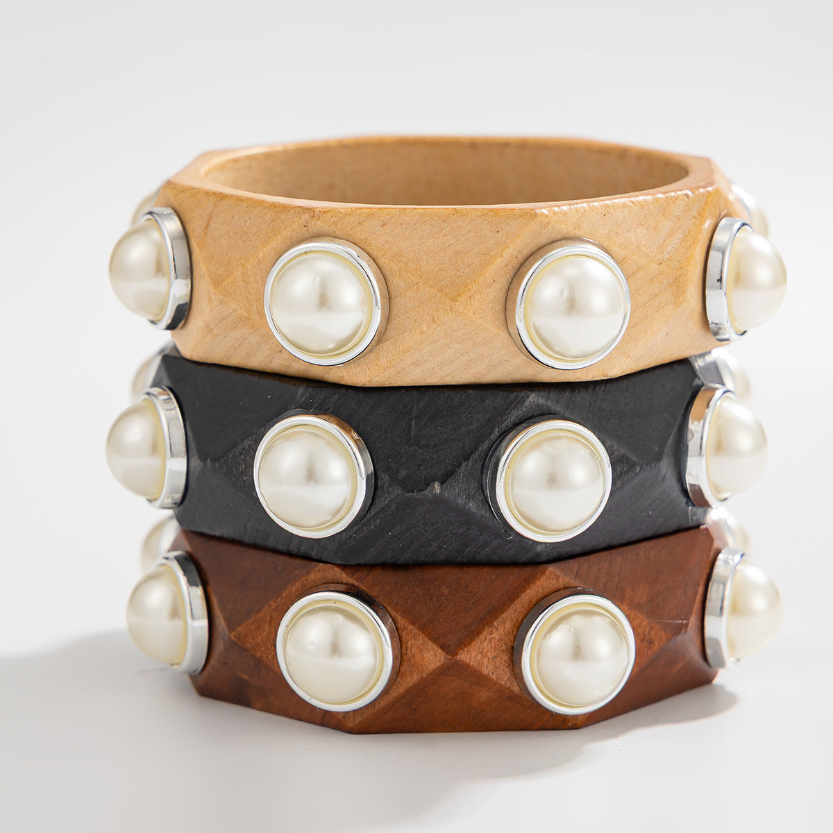 Planderful Vienna Verve Handcrafted Wooden Bracelet With Imitation Pearl Inlay Statement For Women