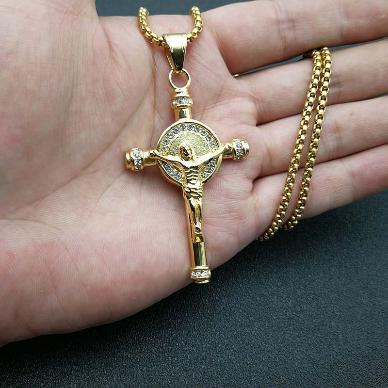 Planderful Everyday Genie Hip Hop Cross Pendant Necklace Titanium Steel Gold Plated Zircon Stunning Urban Style Fans